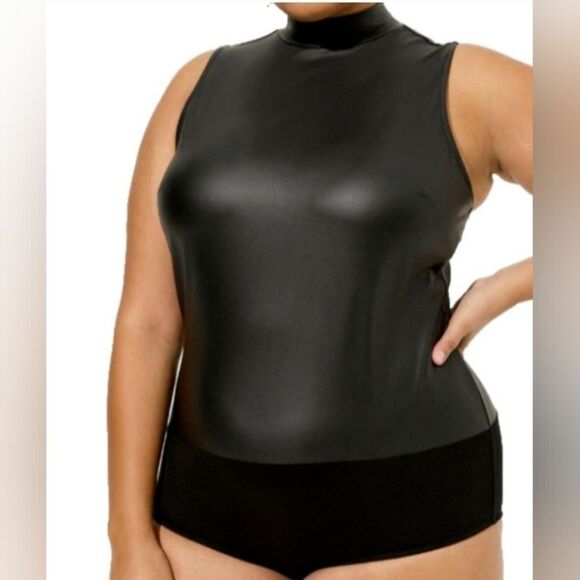 Torrid Plus Size 2X Black Faux Leather Mock Neck Bodysuit, Snap Crotch - Picture 1 of 7